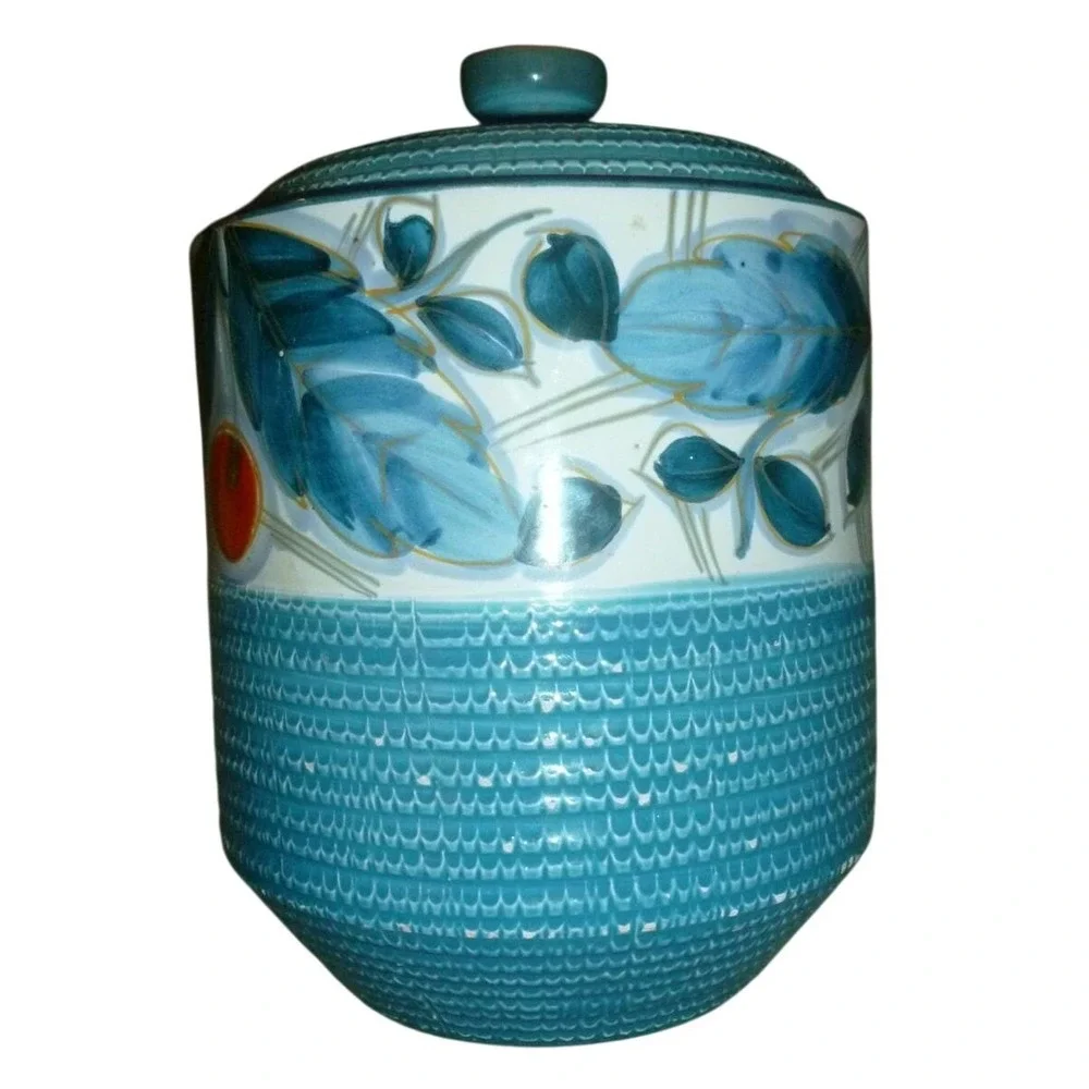 Vintage Fratelli Fanciullacci Italy Turquoise Basketweave Canister‎ MCM Majolica